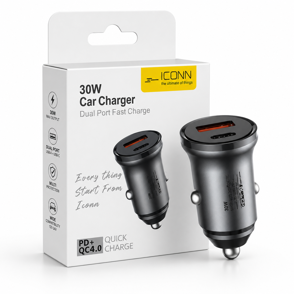 ICONN 30W Car Charger – Dual Port Fast Charge (USB-A + USB-C)