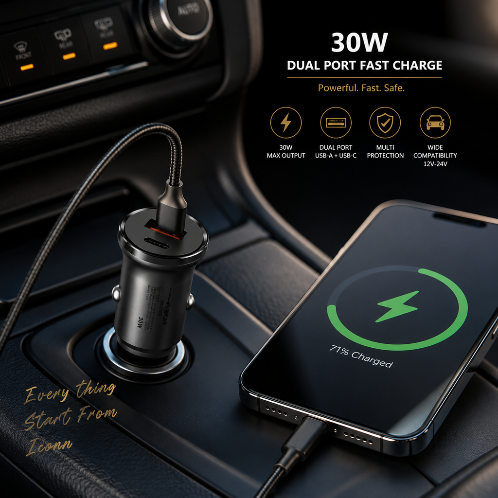 ICONN 30W Car Charger – Dual Port Fast Charge (USB-A + USB-C)