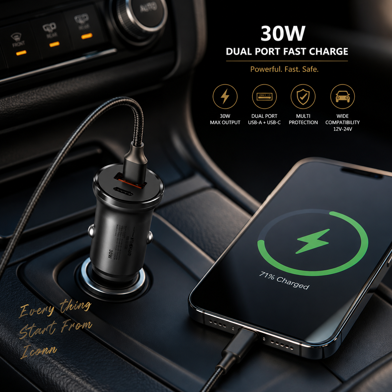 ICONN 30W Car Charger – Dual Port Fast Charge (USB-A + USB-C)
