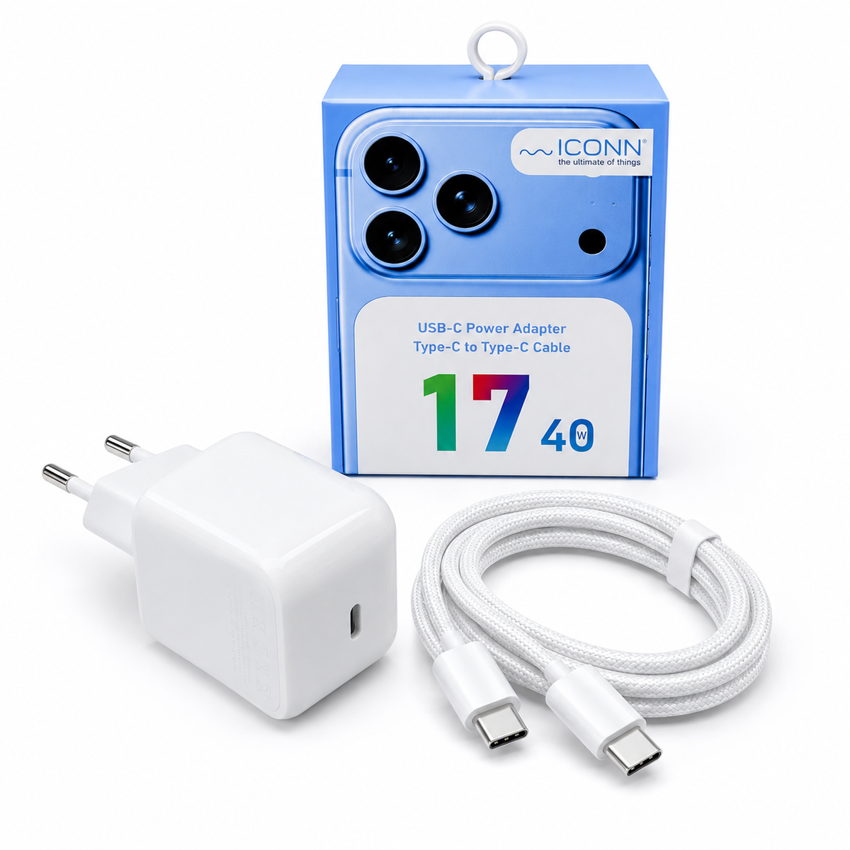ICONN USB-C Power Adapter 40W + Type-C to Type-C Cable