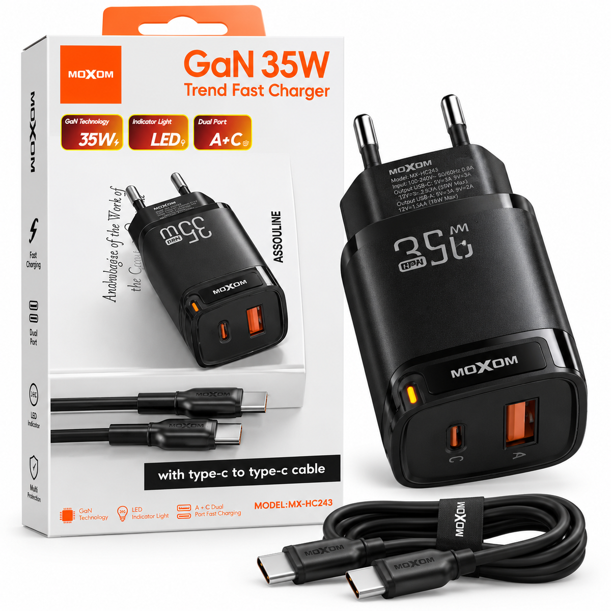 MOXOM GaN 35W Fast Charger – USB-A + USB-C me Kabllo Type-C
